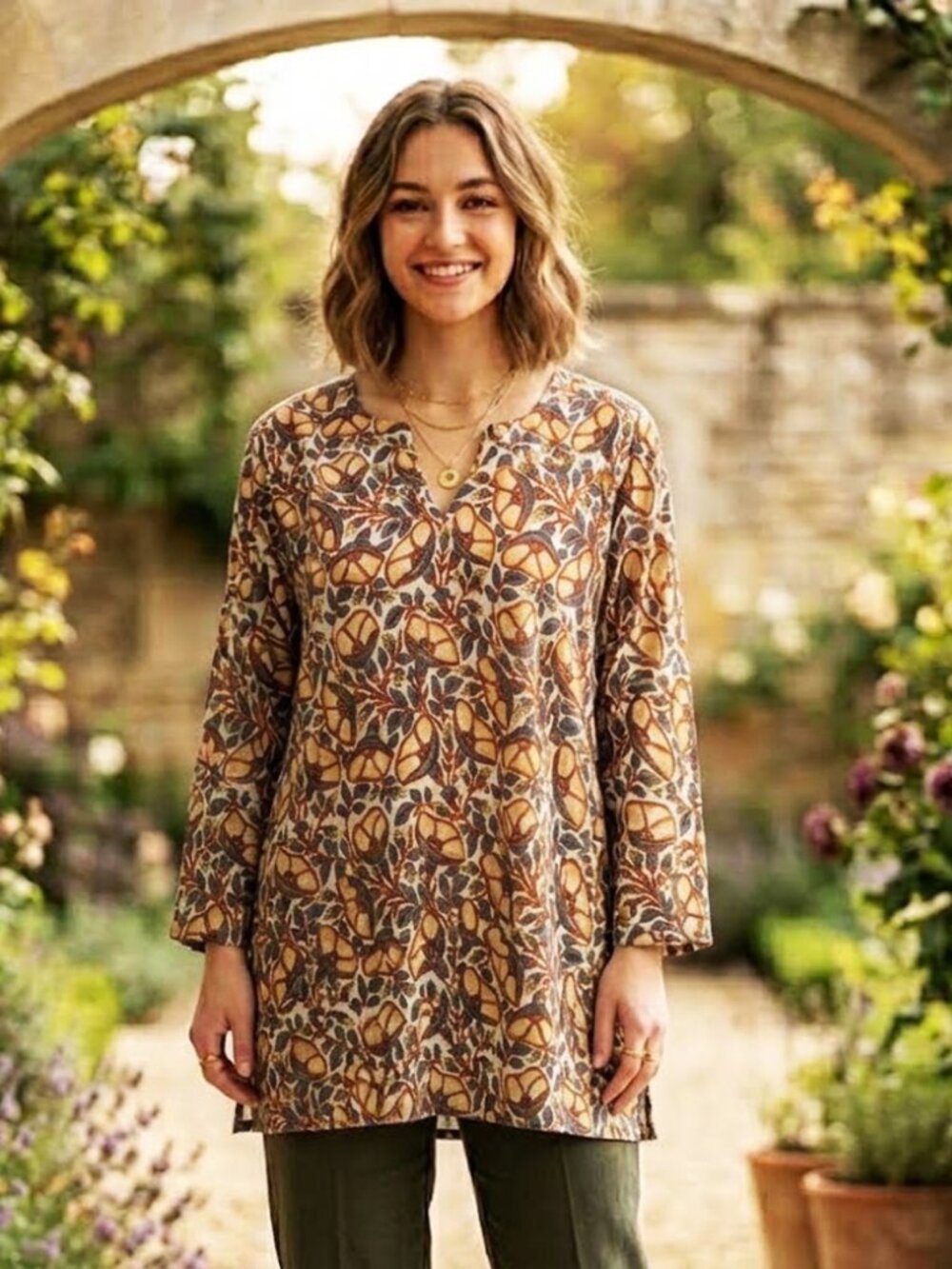 Dolma Floral Cotton Tunic Shirt Size Large Geo Floral Print